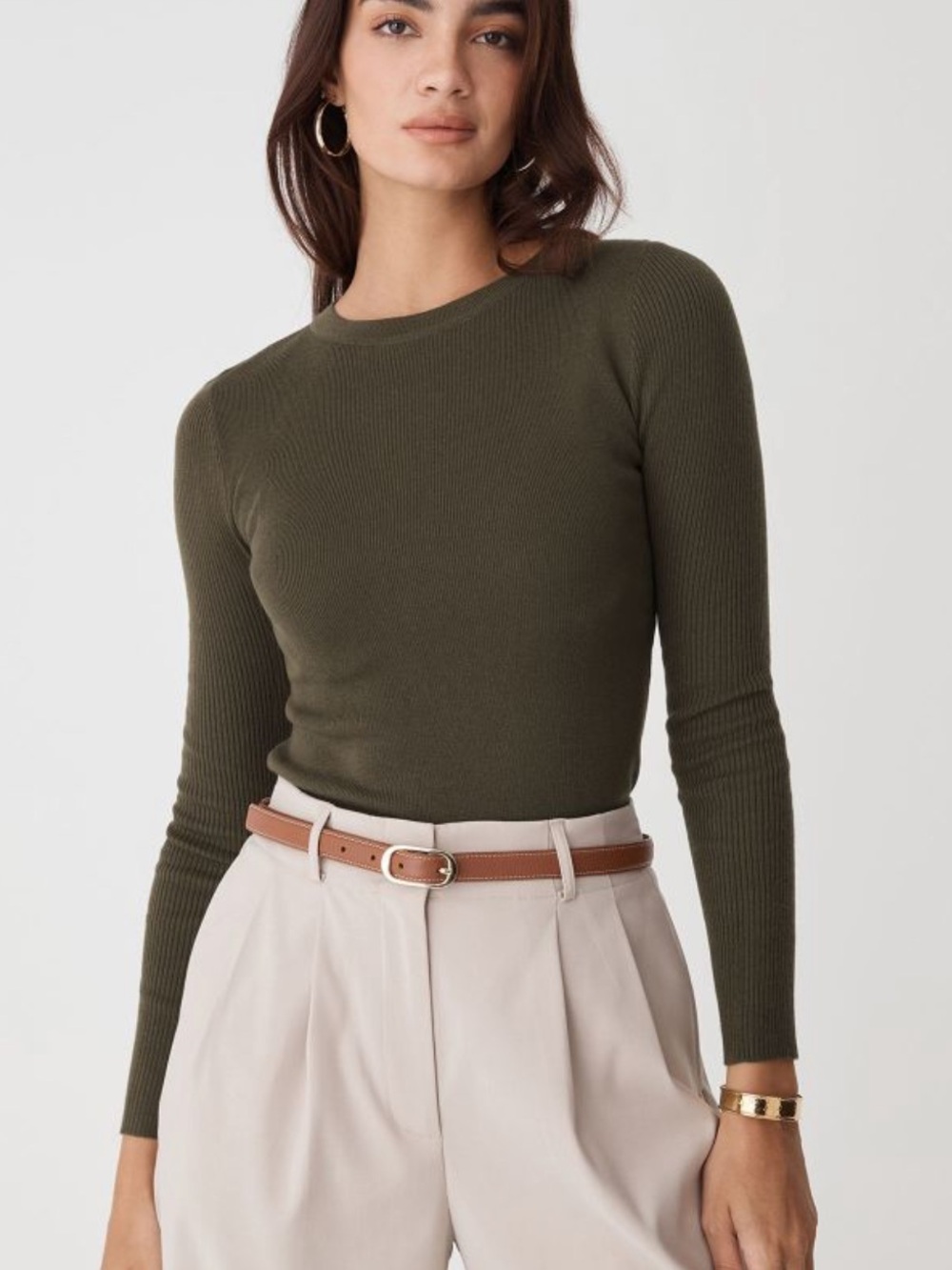 Forcast Olive Ribbed Long Sleeve Crew Top